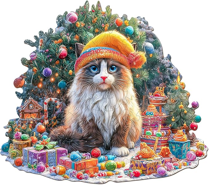Wooden Puzzles for Adults - Christmas Cat Wooden Jigsaw Puzzle 86 pcs - Unique Animal Shape Wood Cut Puzzles - Eco-Friendly Home Office Decor (8.4 * 7.4in)