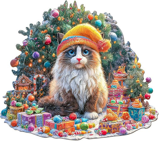 Wooden Puzzles for Adults - Christmas Cat Wooden Jigsaw Puzzle 86 pcs - Unique Animal Shape Wood Cut Puzzles - Eco-Friendly Home Office Decor (8.4 * 7.4in)