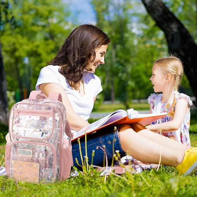 Heavy-Duty Clear Backpack for School - Durable See-Through Bookbag pink