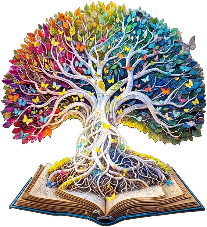 Jigfoxy Wooden Puzzle for Adults, Tree in The Book Jigsaw Puzzles for Adult, Unique Animal Shape Wood Cut Puzzles, Christmas Thanksgiving Gifts for Friends Family (M-11.4 * 10.5in-200pcs)