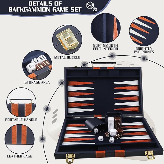 Froggod 15 inch Backgammon Sets for Adults - Classic Board Game for Adults - Portable Travel Backgammon Set for 2 Players - Perfect Adult Board Games for Gifts & Family Fun(Blue)