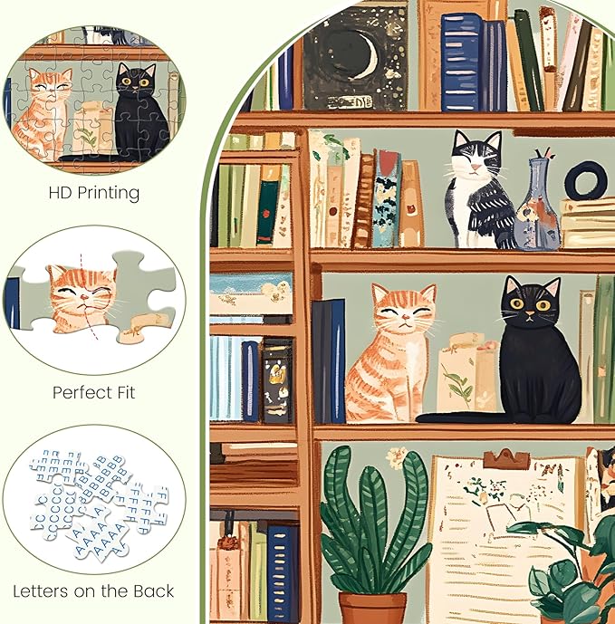 300 Piece Puzzles for Adults, Charming Cat Bookshelf Jigsaw Puzzle, Cozy and Relaxing 300 Piece Puzzle, Perfect for Family Time, Stress Relief, Home Wall Decor, Great Gift for Adults, Kids, Seniors