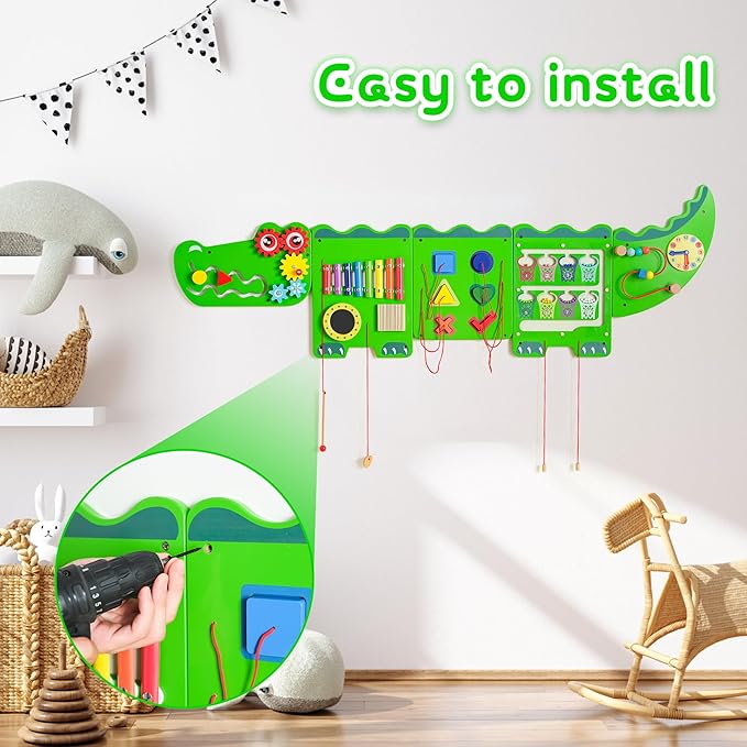 Crocodile Sensory Toys Activity Wall Panels - Montessori Busy Board, Toddler Learning Panel, Wall-Mounted Playroom/Daycare Educational Toys, Interactive Wooden Gift for Kids 3-6, Green