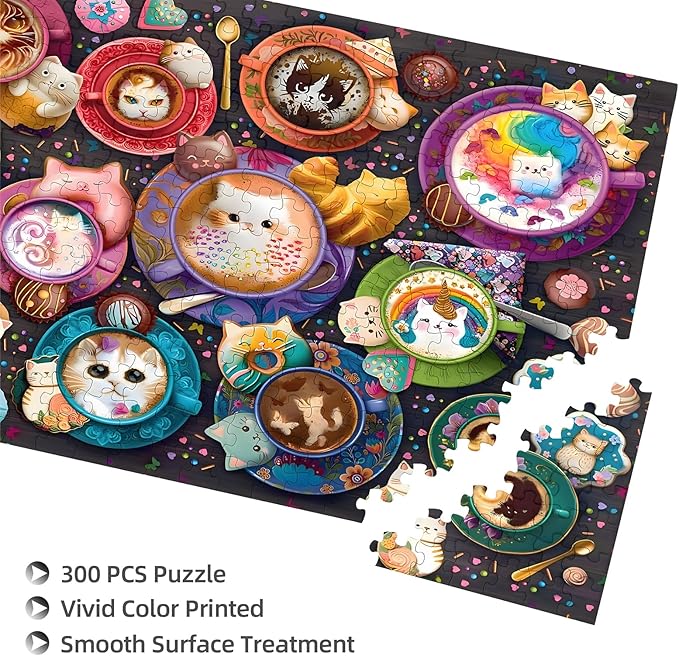 300 Pieces Cat Wooden Puzzle, Latte Cat, Stress Relief Toys Children's Learning Supplies Puzzle Toys Parenting Games Great Gifts Jigsaw Size: 15.7 x 11 in and 1:1 Original Picture Poster