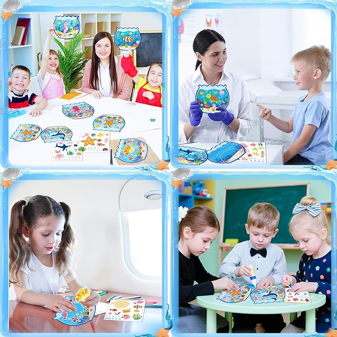 JUNEBRUSHS 30 Sets Summer Ocean Crafts Kits for Kids, Under The Sea Animals Worlds Stickers Scene for Home Classroom Game Activities Summer Crafts Party Favors