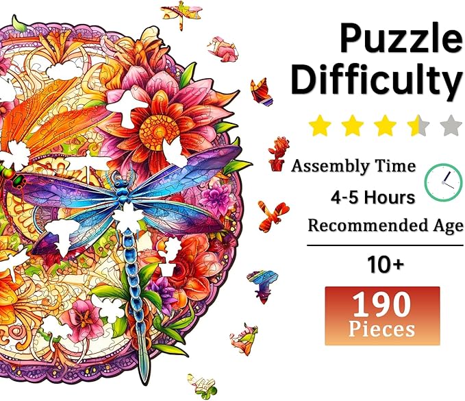 Jigfoxy Wooden Puzzles for Adults, Dragonflies Wood Puzzles Adult, Unique Animal Shape Wooden Jigsaw Puzzles for Adults, Birthday Gifts for Puzzle Lovers, Family, Friend (M-11.4 * 11in-190 pcs)