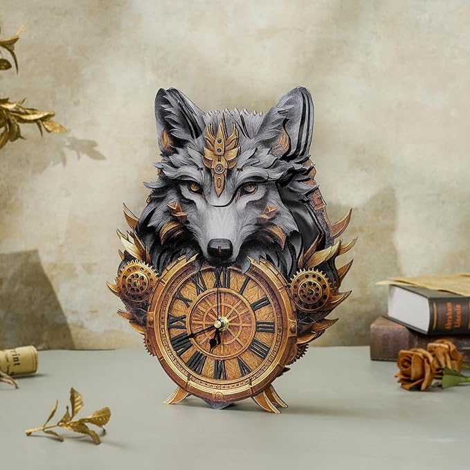 3D Puzzles for Adults Clock-Gray Wolf Design Model Kit-Mechanical DIY Pendulum Clock with Roman Numerals-Desk Home Office Decor Personalized Gift for DIY Lovers