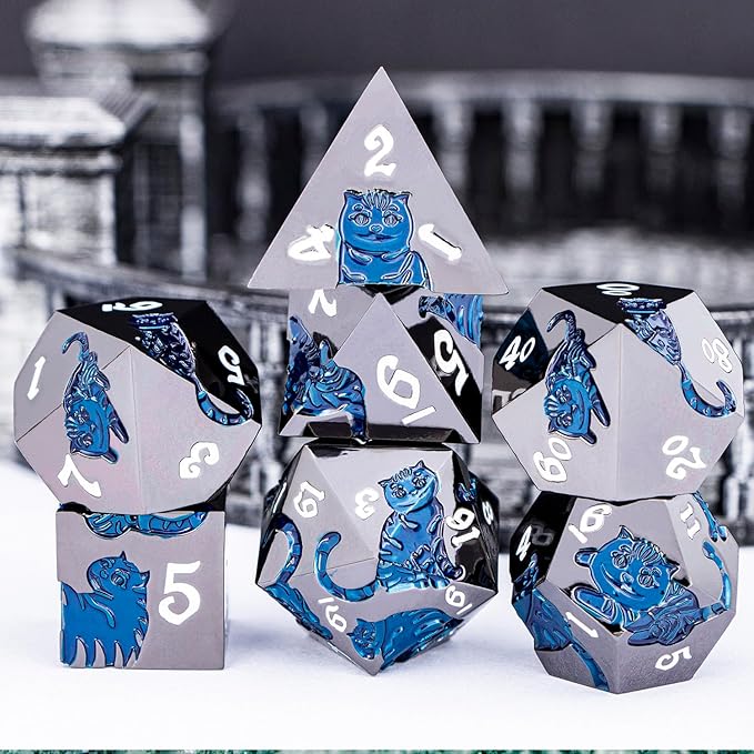 Metal DND Cat Dice 7PCS Polyhedral RPG Dice Set with Gift Case for Dungeons Dragons Role Playing Game, D and D Dice D6 D8 D10 D12 D20 D% (Blue Black)