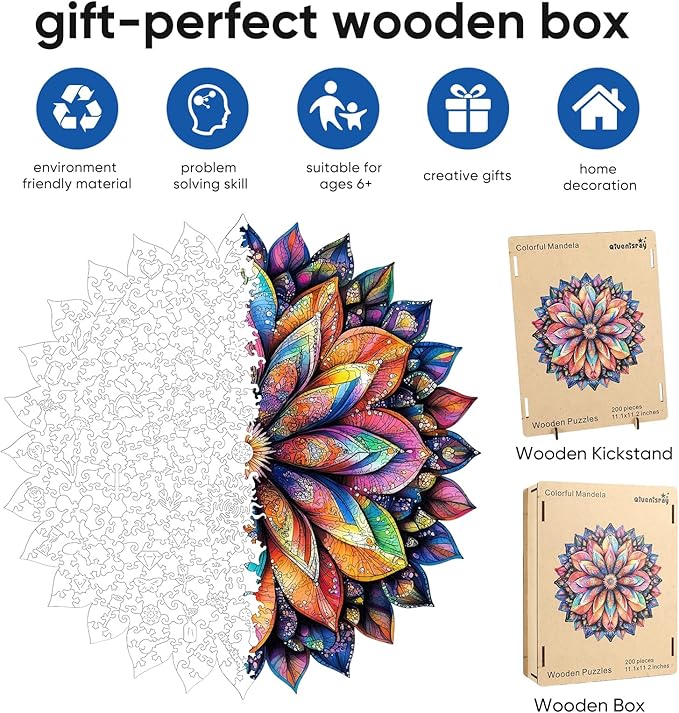 Wooden Puzzle Geometric Colorful Mandala 200 Pieces Round Blue Board Colorful Mandala Jigsaw Puzzle Royal Unique Shape Puzzles, Irregular Puzzle Creative Gift for Adults(11.2 * 11.2 in)