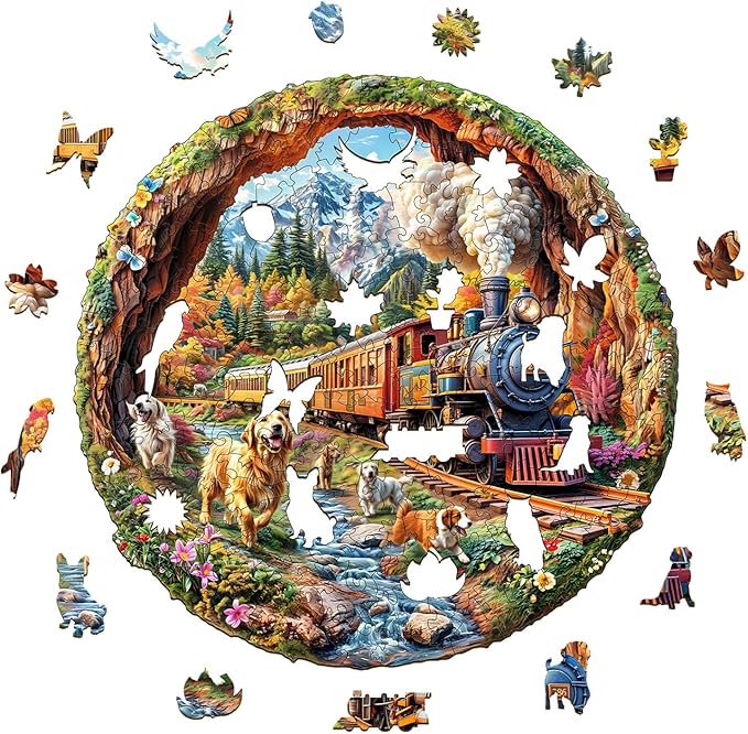 KAAYEE Wooden Puzzles for Adults, 3D Visual Effect Dogs Racing Against Trains Wooden Jigsaw Puzzle Unique Shape Wood Puzzle Adult, 3D Effect Flat Puzzle Birthday Family Games (L-13.4 * 13.1in-285pcs)