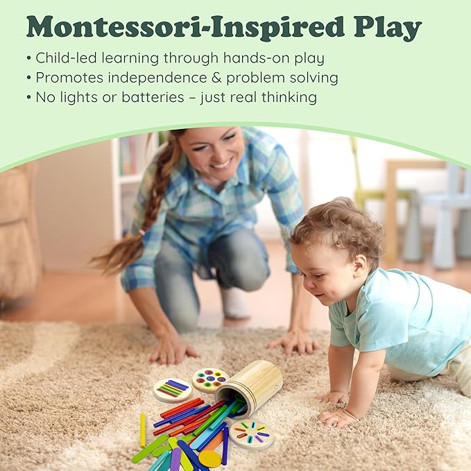 Bublo Baby Wooden Montessori Color Sorting Toy for Toddlers 1-3 – Fine Motor Skills Toys for 1, 2, 3 Year Old – Toddler Busy Toys – 46-Piece Wooden Color Sorting & Stacking Toy Set