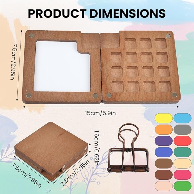 Mini Paint Palette Travel Kit,Mini Travel Watercolor Palette Set,Pocket Artist Water Color Sets with Watercolor Pens,Binder Clips, Include 24 Colors Paint for Beginners Artists Students(Walnut-15 Grids)