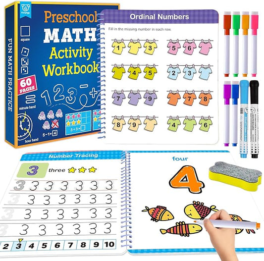 Preschool Learning Activities 60 Reusable Pages, Number Tracing Addition Subtraction Math Practice Kindergarten Workbook, Educational Fine Motor Toddler Learning Toys for 3 4 5 Year Olds