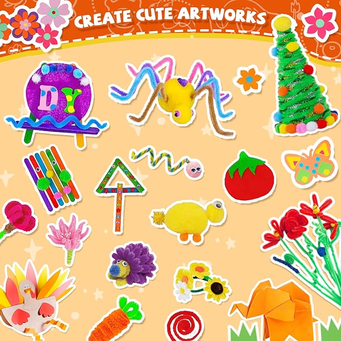 DOITEM Pipe Cleaners Craft Supplies, 2000Pcs Arts and Crafts Supplies Including Pipe Cleaner Wiggle Googly Eyes Pom Poms Feathers Sticks Sequins Foam Flowers Papers Felt Stickers Over 8 Years Old