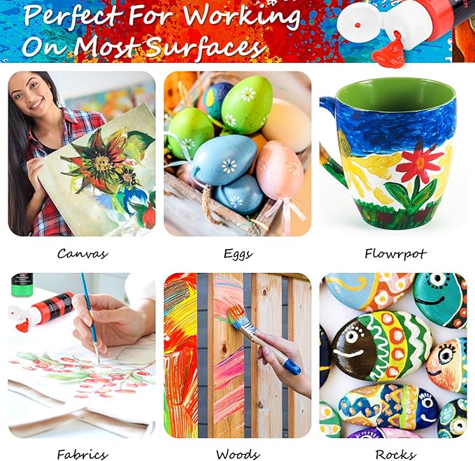 Caliart Acrylic Paint Set with 12 Brushes, 42 Colors (59ml, 2oz) Art Craft Paints Gifts for Artists Kids Beginners & Painters, Halloween Pumpkin Canvas Ceramic Rock Painting Kit Art Supplies