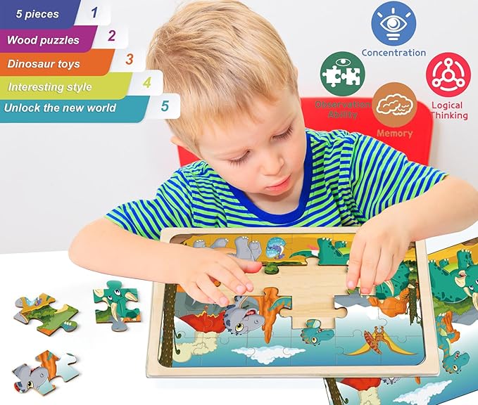 Wooden Puzzles Dinosaur Toys for Kids Ages 3-5, Set of 5 Packs with 30-Piece,Preschool Educational Brain Teaser Toys for Boys and Girls 3-8 Years Old