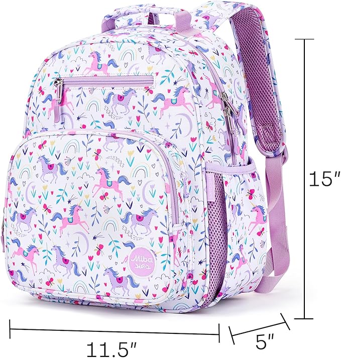 mibasies Girls Backpack 5-8: Lightweight Kids Backpacks for Girls - Girl Bookbag for Elementary School - Unicorn Garden Purple
