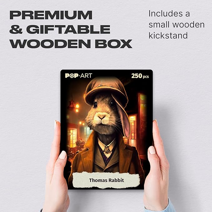 UNIDRAGON Original Wooden Jigsaw Puzzles - Pop Art Thomas Rabbit, 250 pcs, 12.6"x 9", Beautiful Gift Package, Unique Shape Best Gift for Adults and Kids