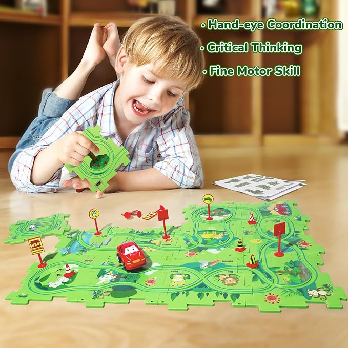 Puzzle Racer Kids Car Track Set, Plastic Puzzles for Kids Ages 3-5 with A Cute Vehicle, Toddler Puzzle Track Play Set Gift, Race Tracks for Toddler 3-5, Toys for 3 4 5 6 Year Old Boys Girls