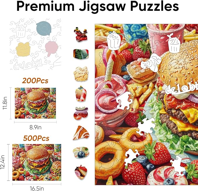 delobil Wooden Puzzles for Adults 500 Pieces,Hamburger Jigsaw Puzzles,Royal Size Unique Shaped Wood Puzzles Beautiful Gift Package, Creative Birthday Gift for Friends and Family 16.4''x12.4''