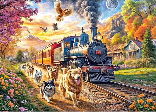 Jigsaw Puzzles for Adults 1000 Pieces, Interlock Perfectly Letter on Back No Dust, Home Decor Birthday Party Gift Toy for Men Women Elders Seniors, 1:1 Poster - Happy Train