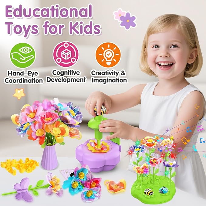 Fabric Flower Bouquets Toys with Music and Light, DIY Arts and Crafts Kit Toys for Kids Ages 4-8, Preschool Educational Activity Toy, Toddler Girls Christmas Birthday gifts for 4 5 6 7 8 Year Old Girl