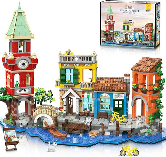 Venice Main Street Building Set for Adults, 2155 PCS City Riverside House Building Block Kit with Light Flower Shop Pizzeria, Home Decor Architecture Brick Model Women Men Teen Girl 12+