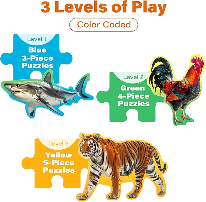 BenBen Puzzles for Toddlers 2-4,12 Animal Puzzles, 3 Levels Step-by-Step Color-Coded Jigsaw Puzzles, 48 Pieces Total, Educational Montessori Toys for Preschool Girls Boys