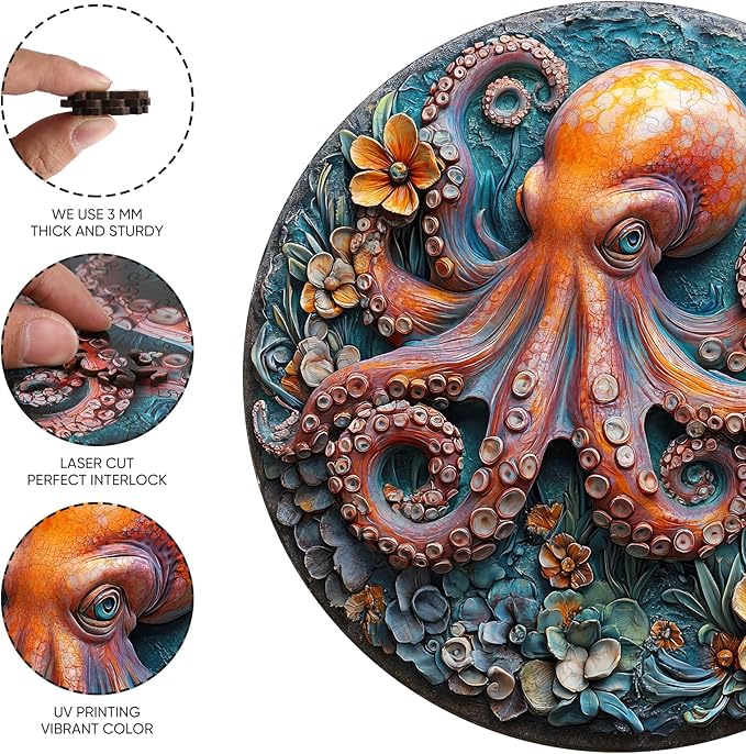 Wooden Puzzles for Adults, 3D Vision Octopus Wooden Jigsaw Puzzles 200 Pieces, 11.2 in Unique Shape Ocean Wooden Puzzle, Irregular Puzzle Creative for Adults and Kids Family Games