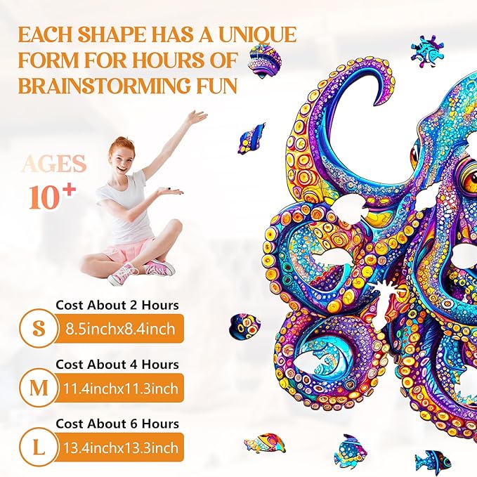 Wooden Puzzles for Adults, Wooden Jigsaw Puzzles for Adults, Wood Puzzles Adult-Colorful Octopus Unique Shaped Octopus Puzzle, Creative Birthday Gifts for Friends Family Game (8.5 * 8.4in 100pcs)