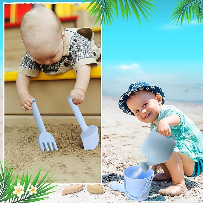 Civaner 15 Pcs Silicone Beach Toys Travel Friendly Beach Set Includes Shovel, Rake, Silicone Bucket,10 Sand Molds, Watering Can, Mesh Bag, Outdoor Baby Sand Travel Toys for Boys, Girls