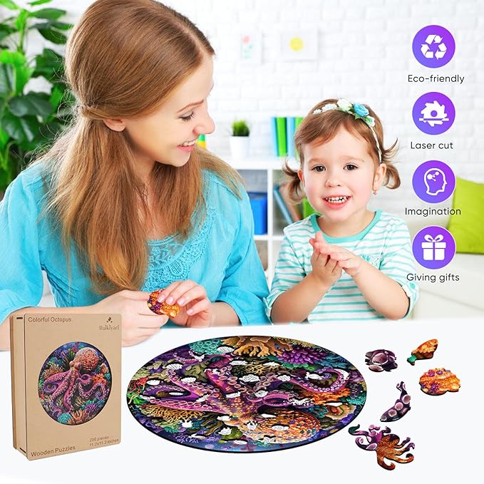 Ruikiyart Wooden Puzzles for Adults, 5MM 200 Pieces Octopus Wooden Jigsaw Puzzles, Sea Animal Puzzle Unique Shaped for Adults and Kids on Thanksgiving, Christmas Family Puzzle Games (11.2'' x 11.2'')