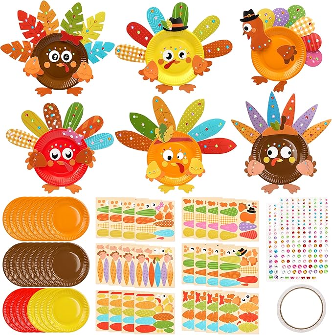 Bafeil 24 Sets Thanksgiving Turkey Craft Kits DIY Autumn Make a Turkey Paper Plate Crafts Turkey Ornaments Decorations Art Sets for Festive Fall Autumn Thanksgiving Party Classroom Activities