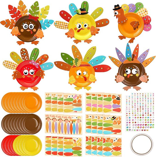 Bafeil 24 Sets Thanksgiving Turkey Craft Kits DIY Autumn Make a Turkey Paper Plate Crafts Turkey Ornaments Decorations Art Sets for Festive Fall Autumn Thanksgiving Party Classroom Activities