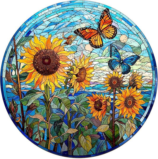 Wooden Puzzles for Adults - Glass Sunflower Wood Puzzle 600 Pieces, Unique Shaped Wooden Jigsaw Puzzles for Adults, Wood Puzzles Adult, Perfect for Birthday Gift, Family Puzzle, 17.3 * 17.3in, XL