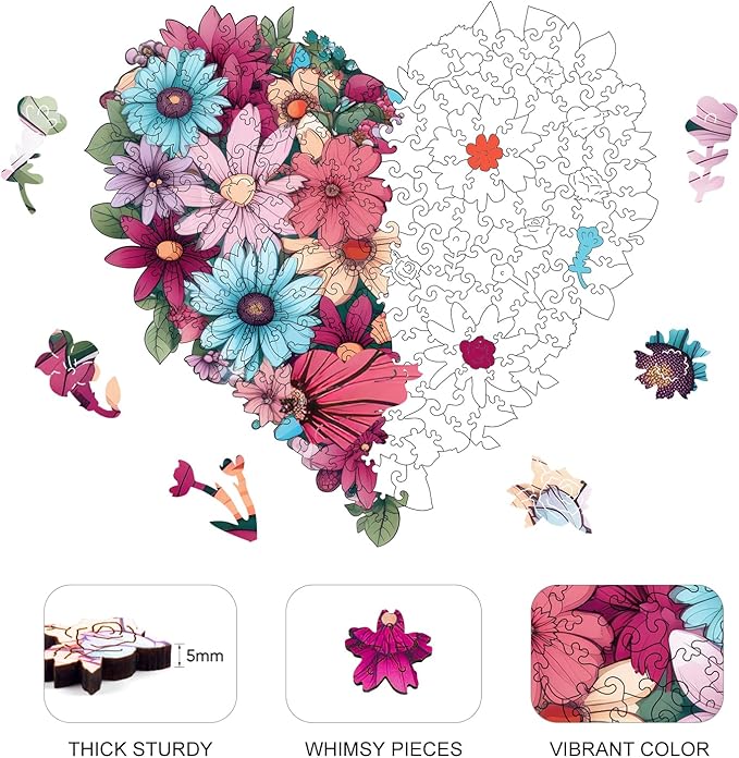 Ruikiyart Wooden Puzzles for Adults, 5MM 200 Pieces Heart Flower Wooden Jigsaw Puzzles, Unique Shapes Puzzles Great Gift for Adults and Kids on Birthday, Christmas (11.2"x10.7")