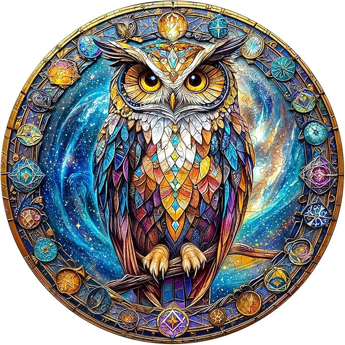 Wooden Puzzles for Adults 200 Pices, Owl 3D Puzzles for Adults, Cosmic Watcher Owl Irregular Jigsaw Puzzles, Flat Puzzels with 3D Visual Effect, Finished Puzzle Size is 11.4 x 11.4in