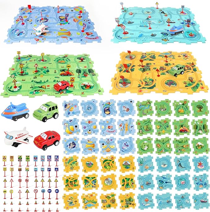 Puzzle Racer Kids Car Track Set, Kids Toys Boys 3-5, Gift for 3 4 5 6 Year Old Boys, Montessori Toys for 3+ Year Old(100Pcs, 4 Themes)