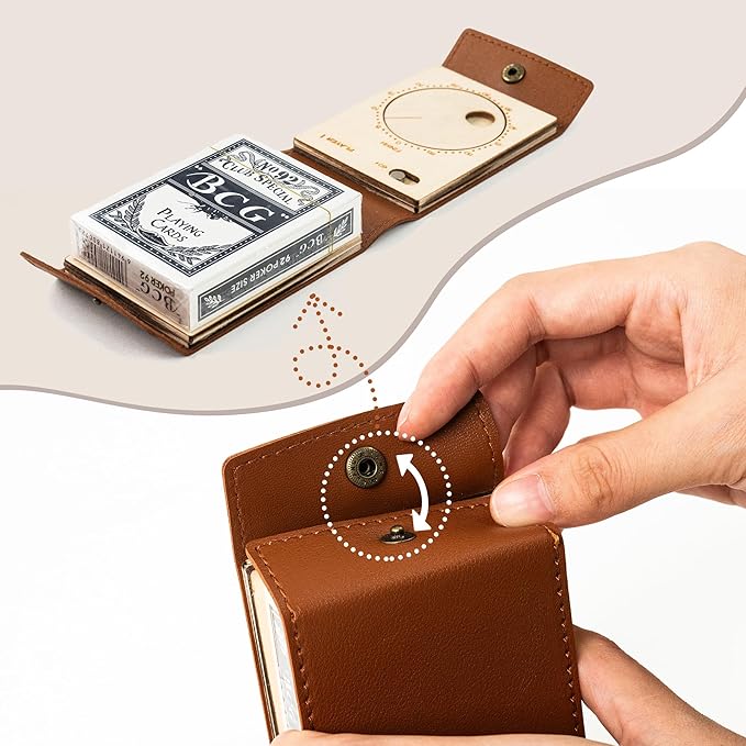 Travel Cribbage Board Game Set, Portable Unique Peg-Free Cribbage Board, Leather & Magnetic Rotating Wood Scoreboard with Playing Cards, Pocket Sized Tiny Card Game Board