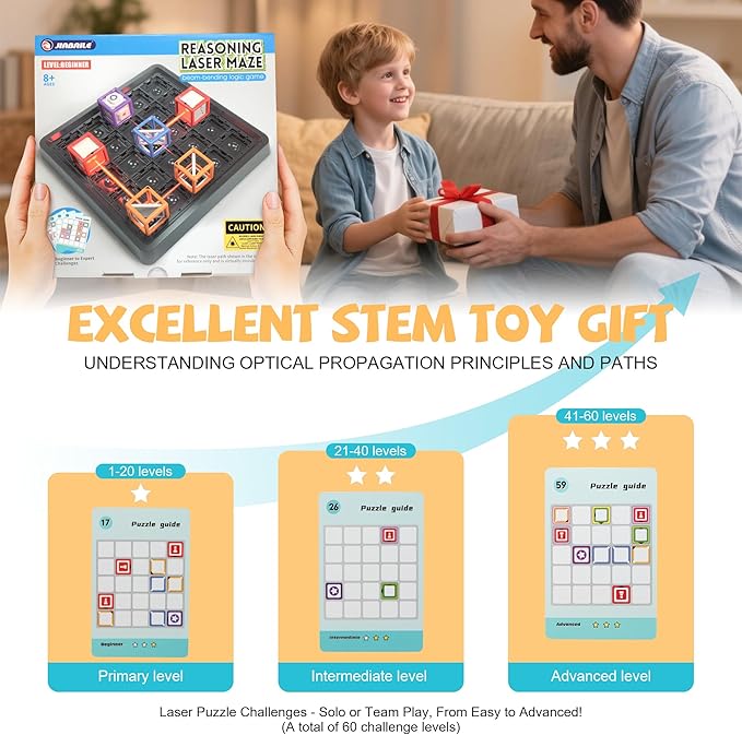 New Laser Maze Reasoning Game, Ultimate STEM Logic Toys for Ages 8+ Kid, 60+ Challenges Puzzle Games, Ideal Educational Children Gift for Christmas/Birthday/Children's Day, 37 Pcs Cubes