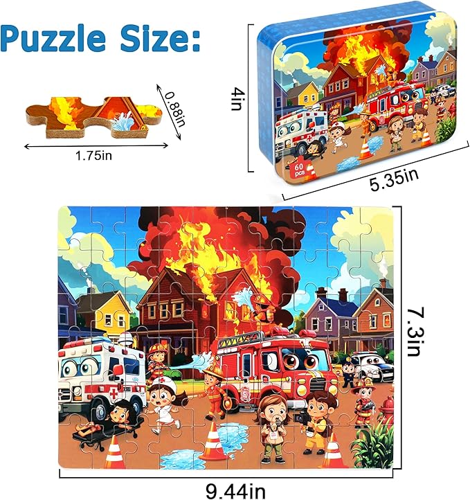 LELEMON Puzzles for Kids Ages 4-6, Fire Fighting 60 Piece Puzzles for Kids Ages 3-5 in a Metal Box, Educational Jigsaw Puzzles Childrens Puzzle Games Puzzle Toys for Girls and Boys