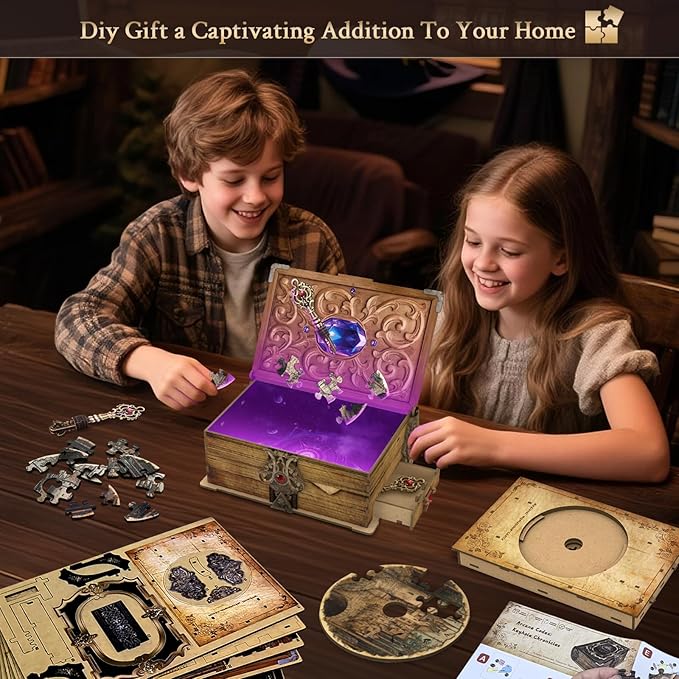 3D Wooden Puzzles for Adults,DIY Book Nook Kit,Mechanical Treasure Puzzle,Trading Card Storage Box with Lock,3 in 1,DIY Building Mechanical Model Kit for Hobby Enthusiasts