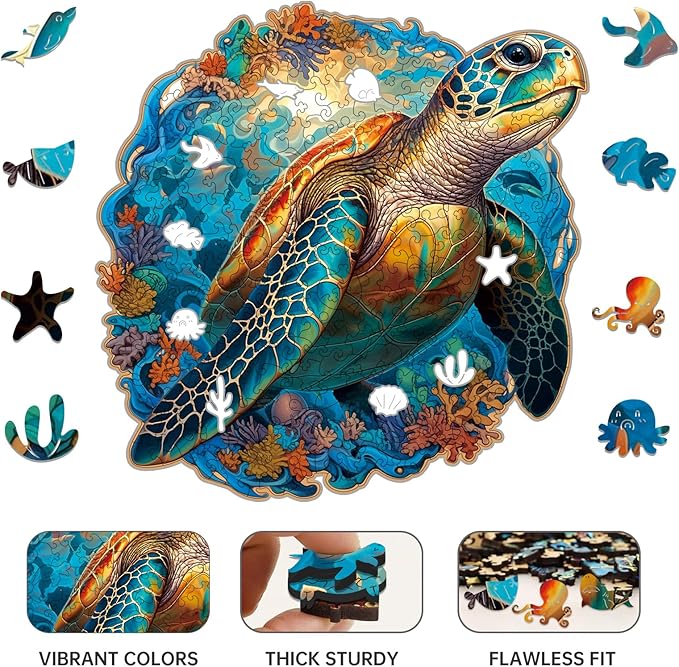 Wooden Puzzle,Coral Sea Turtle Jigsaw Puzzles 300 Piece,Fun Challenging Puzzles Family Game Gift,Unique Shape Puzzles for Adults 14.9 x 14.9 Inch