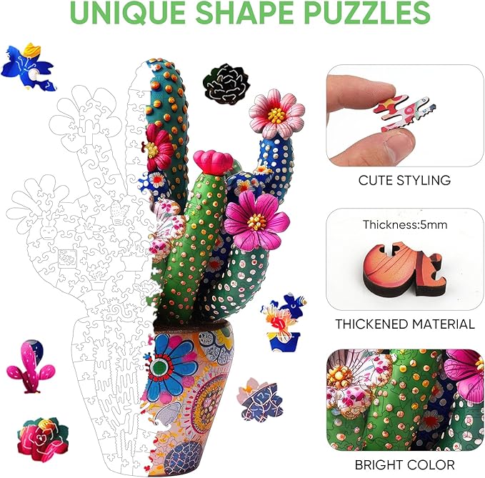 Mys Aurora Puzzles for Adults Cactus Flower Wooden Puzzles, 1000 Pieces Unique Shaped Liberty Jigsaw Puzzles, Birthday for Mom Adults, Fun Challenge Family Game 29.3'' x 21''