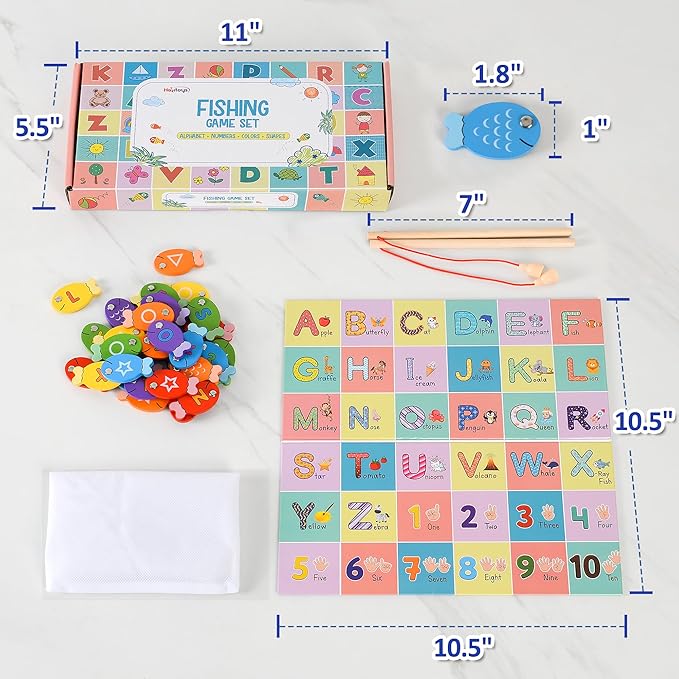 Magnetic Wooden Fishing Game – Interactive ABC Alphabet, Numbers, Shapes & Colors 4-in-1 Learning Board | Montessori Educational Toy for Kids | Complete Set with 36 Fish, 2 Wooden Poles & Board