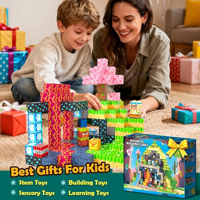 Magnetic Blocks 150 PCS Building Toys for Ages 4-8 9-12 3-5 Forest & Mine Theme Magnet Building Cubes STEM Sensory Toys for Kids for Boys & Girls
