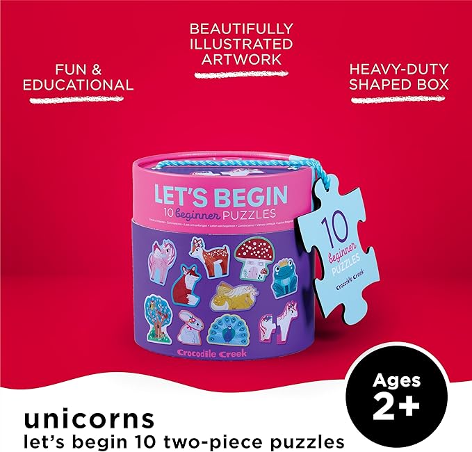 Crocodile Creek Let’s Begin Puzzle - Ten 2-Piece Beginner Puzzles for Ages 2 and Up - Heavy-Duty Storage Canister with Handle - Colorful Unicorns Design - Each Puzzle is 6" L x 4" H Finished
