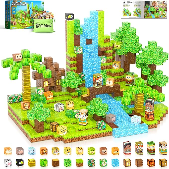150 Magnetic Blocks – Mine Magnet Game Building Craft, STEM Constructions Toy, Jungle Animals, Sensory Stacking Cubes Kids Toys, Christmas Birthday Gifts for Boys Girls Age 3-5, 5-7, 4-8, 8-12