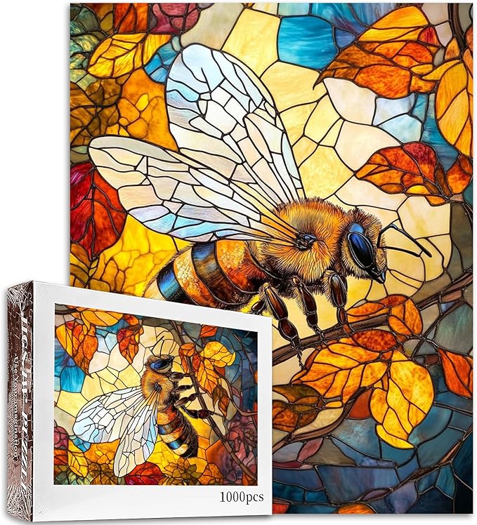 Tucocoo Jigsaw Puzzles 1000 Pieces for Adults-Lovely Bee Glass Style Hardboard Puzzle-Challenging Puzzle Perfect for Game Nights-DIY Home Wall Decor-Art Puzzles Stained Glass Autumn Bee 27" x 20"