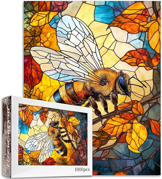 Tucocoo Jigsaw Puzzles 1000 Pieces for Adults-Lovely Bee Glass Style Hardboard Puzzle-Challenging Puzzle Perfect for Game Nights-DIY Home Wall Decor-Art Puzzles Stained Glass Autumn Bee 27" x 20"